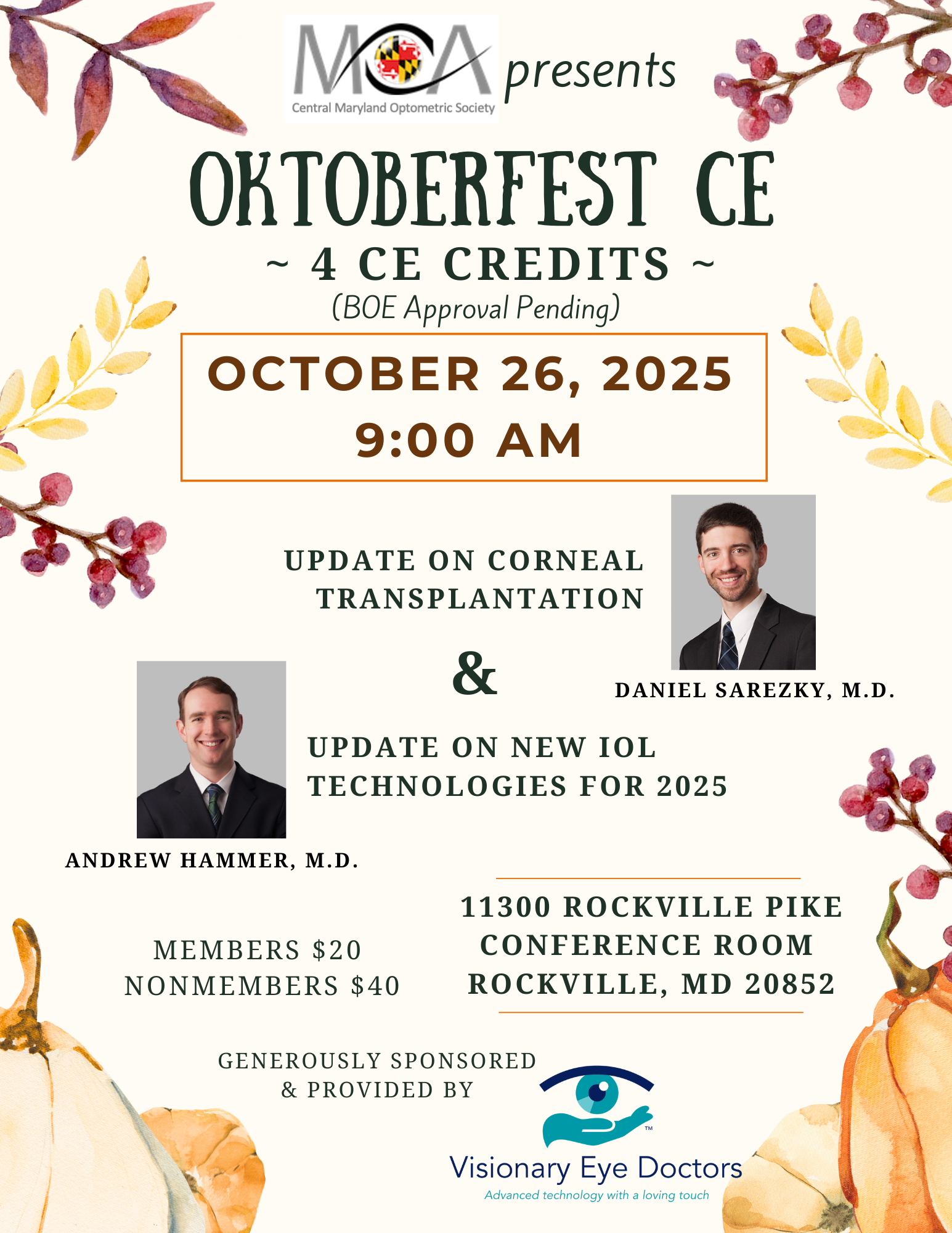 MOA CMOS Oktoberfest 4 CE Event    Date & Time: Sunday, October 26, 2025 at 9:00 AM  Rockville MD 20852